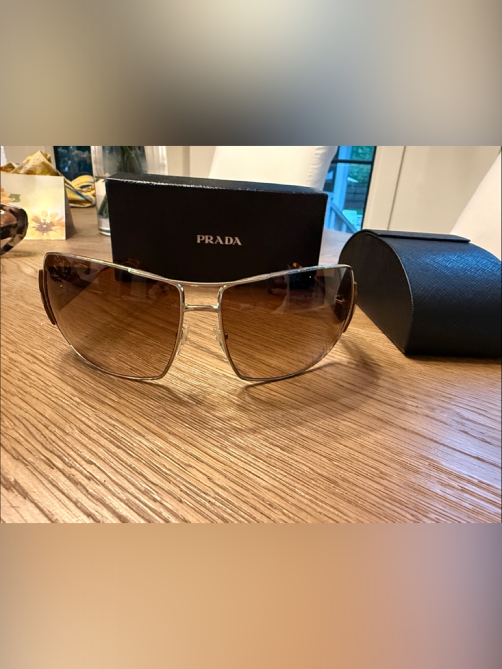 Prada Gold Frame Brown Lens Shield Sunglasses